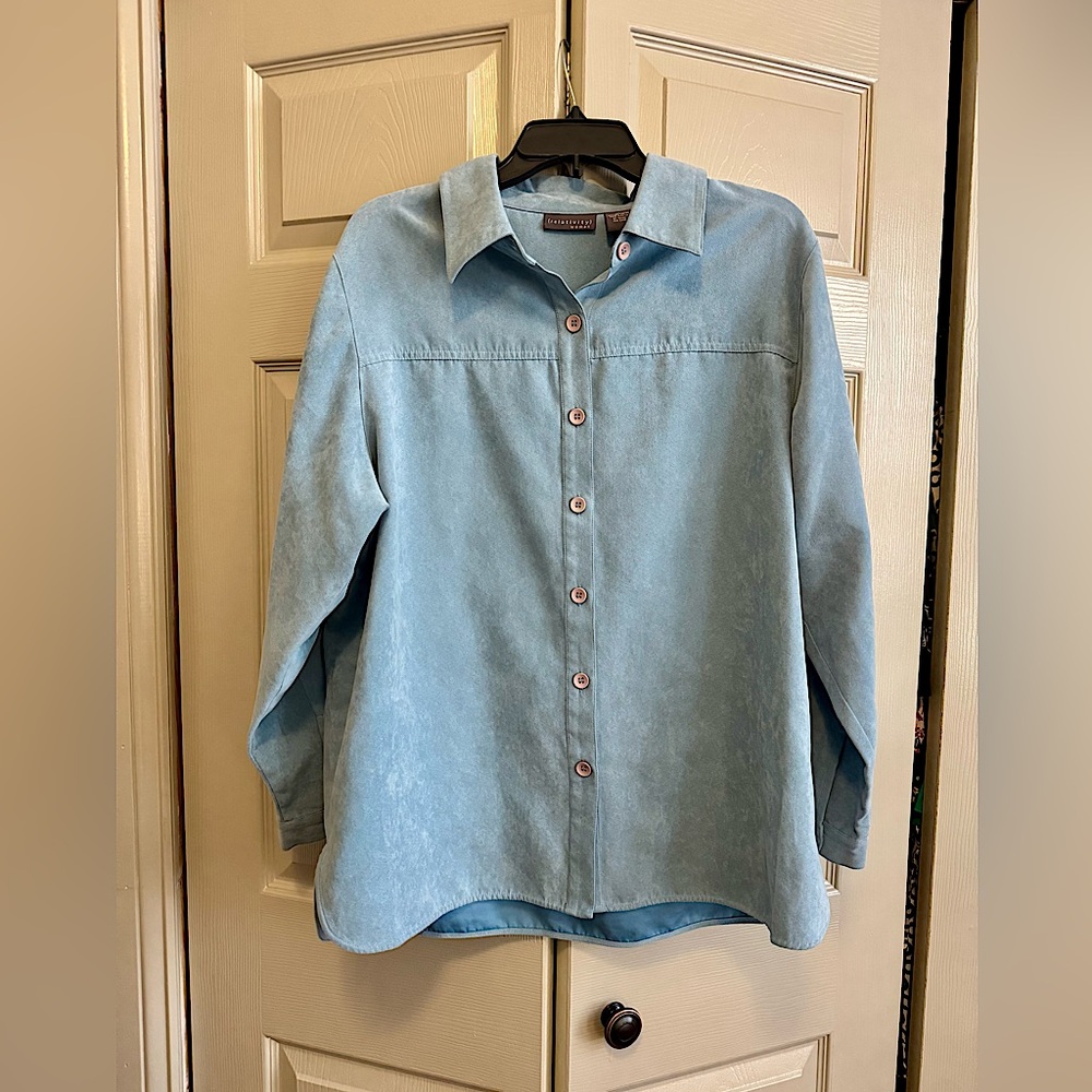Relativity Blue Microsuede Long Sleeve Button Front Collared Shirt Jacket